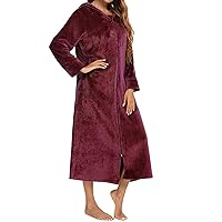 2023 Winter Women Flannel Fleece Hooded Nightgown Zip Up Bathrobe Long Sleeve Solid Housecoat Sleepwear Midi Dress