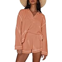 Pink Queen Women's 2023 Fall Casual Waffle Knit Long Sleeve Lounge Sets Casual Top and Shorts 2 Piece Outfits Sweatsuit