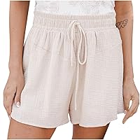 Elastic Waist Drawstring Shorts for Women Summer Linen Shorts Casual Baggy Short Pants Solid Wide Leg Short with Pocket