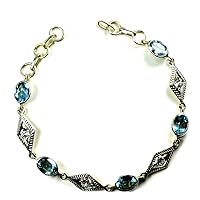 Natural Blue Topaz Chakra Healing Stone Bracelets Sterling Silver Handmade Length 6.5-8 Inches