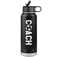 Soccer Coach Water Bottle - 32oz Insulated Engraved Stainless Steel Flip Top With Straw Soccer Coach Gift Black