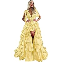 Women's Tiered Tulle Prom Dresses Long Ruffles Ball Gown V Neck A-Line Formal Evening Party Gowns with Slit