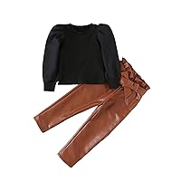 Baby Girl Outfits Toddler 2PCS Set Autumn Clothes Kid Ribbed Long Sleeve Crewneck Tops and Leather Trousers (B, 4-5 Years)