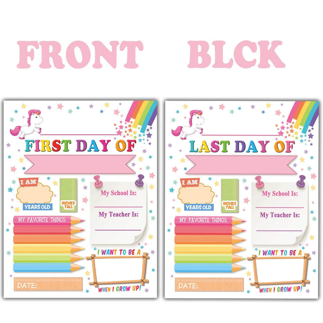 Unicorn First Day of School Sign and Last Day of School Sign -Preschool,Back to School,Elementary School Photo Booth Prop - 10 Sets