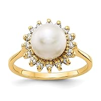 14k Yellow Gold Polished Prong set 7.5mm Freshwater Cultured Pearl Diamond ring Size 6 Jewelry for Women