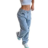 Womens Low Rise Relaxed Fit Stretch Trendy Jeans High Waist Straight Leg Loose Fitting Mom Denim Pants Western 2024