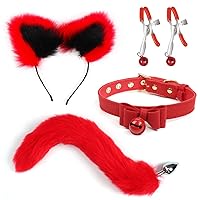 Fox Tail Anal Plug Butt Plugs with Fox Ears Headband, Neck Collar, Nipple Clamps 4Pcs/Set Sex Toys for Women Man Beginners Adult Couples Bondage Red