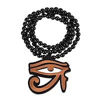 FaithHeart Egpytian Jewelry Eye of Horus Necklace, Wooden Beaded Sweater Chain Vintage Ankh Cross/African Map Pendant for Men and Women with Delicate Packaging, Text Engrave Customizable