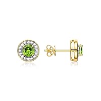 RYLOS Yellow Gold Plated Silver Halo Stud Earrings - 4MM Round Gemstone & Diamonds - Exquisite Birthstone Jewelry for Women & Girls