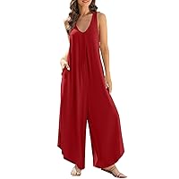 Women's Romper Overall Jumpsuits Summer Sleeveless Ruched V Neck Flared Wide Leg Pants Rompers With, S-2XL