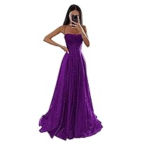 Sparkly Sequin Tulle Prom Dresses for Women with Slit Cowl Neck Corset Formal Evening Gown with Pockets