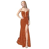Sexy V Neck Sequin Prom Dresses for Women Spaghetti Strap Mermaid Prom Dresses with Slit Formal Wedding Party Dress
