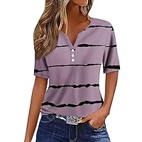 Women's Fashion Casual Color Block Splicing Printed V-Neck Short Sleeve Button Down T-Shirt,Summer Tops for Women