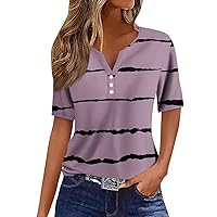 Summer Tops for Women 2024 Short Sleeve T Shirt Tee Print Button Daily Basic V- Neck Regular Tops