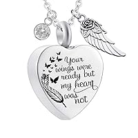Heart Cremation Urn Necklace for Ashes Jewelry Angel Wing 12 Colors Birthstone Memorial Keepsake Pendant - Your Wings were Ready But Our Hearts were not (April)
