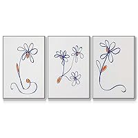 Modern Floral 3 Piece Wall Art Modern Paintings Blue Woobly Blooms Line Art Abstract Glam White Floater Framed Artwork for Bedroom Office Kitchen - 24