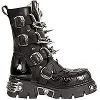 New Rock Unisex M.727-S1 Black Leather Boots Skull Chain Flame Reactor Boots