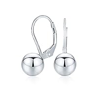 Classic Simple Basic Dangling Lever back Round Bead Ball Drop Earrings For Women .925 Sterling Silver 8MM
