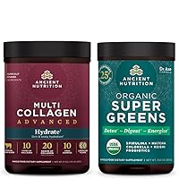 Ancient Nutrition Multi Collagen Advanced Powder Hydrate, Lemon Lime, 30 Servings + Organic SuperGreens Powder, Greens Flavor, 25 Servings