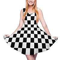 White Black Checkered Women's Swing Dress Round Neck Sundress Tank Dress Tshirt Short Casual Dresses