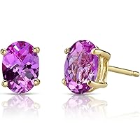 Peora Solid 14K Yellow Gold Created Pink Sapphire Earrings for Women, Classic Solitaire Studs, Hypoallergenic 7x5mm Oval Shape, 2 Carats total, Friction Back