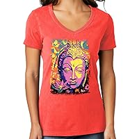 Women's Ultra-Soft Psychedelic Buddha 100% Cotton V-Neck Tee Shirt
