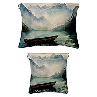 2 Pcs Faux Leather Pocket Cosmetic Bag, Small Travel Kit Storage Pouch, Mini Pocket Pouch, Multi-functional Shrapnel Storage Bag, Lake Mountain Boat Vintage Painting