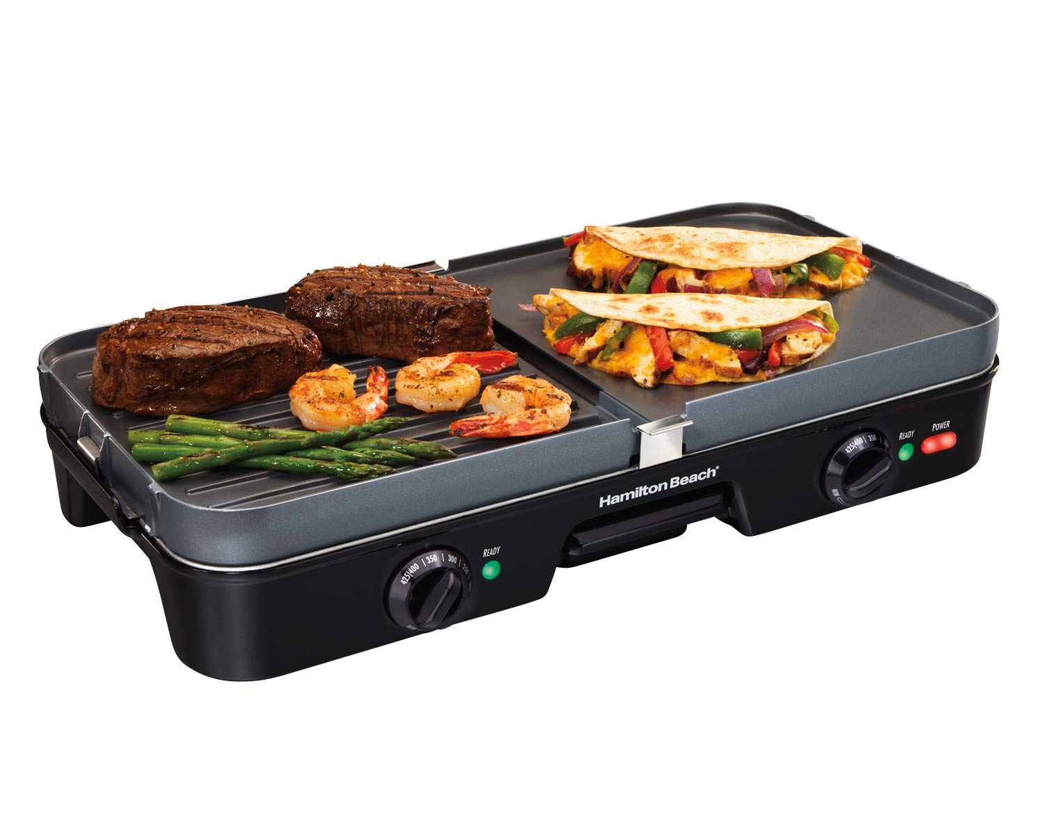 Hamilton Beach 3-in-1 Electric Indoor Grill + Griddle, 8-Serving, Reversible Nonstick Plates, 2 Cooking Zones with Adjustable Temperature (38546), Black