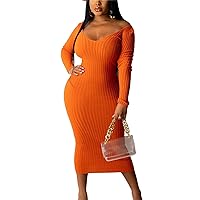 Fall Sweater Dresses for Women 2021 Off Shoulder V Neck Knit Rib Long Sleeve Cocktail Dress