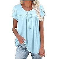 Womens Summer Tops Fashion Petal Short Sleeve Tunic Shirts Pleated Crewneck Corded Hide Belly Flowy Tunic Blouses