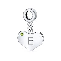 Bling Jewelry Personalized Initial Alphabet A-Z Simulated Lime Green Peridot Crystal Accent Heart Shape Dangle Bead Charm .925 Sterling Silver For Women Teen European Bracelet Customizable