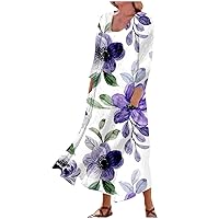 Womens Summer Casual Dresses Boho Floral Round Neck 3/4 Sleeve Beach Maxi Dress Sundress with Pockets