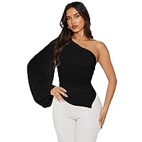 Ekaliy Women's One Shoulder Ruched Bodycon Blouse Puff Long Sleeve Sexy Cocktail Party Shirts Tops