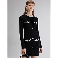 TLULY Sweater Dress for Women Button Front Pocket Patched Sweater Dress Sweater Dress for Women (Color : Black, Size : Small)