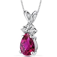 PEORA Solid 14K White Gold Created Ruby with Genuine Diamonds Pendant for Women, Dainty Teardrop Solitaire, Pear Shape, 7x5mm, 1 Carat total