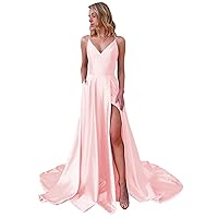 Women's Satin V Neck Prom Dresses Long Spaghetti Straps Slit Formal Evening Party Gowns with Pockets