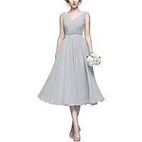 Women's V-Neck Bridesmaid Dresses Tea Length Chiffon Prom Dress