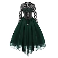 Women's Lace Long Sleeves Bowtie Gothic Dress for Halloween Party Lace-Up Waist-Defined Swing Cocktail Chiffon Dress