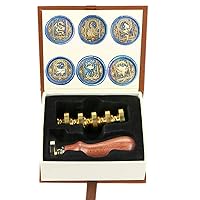 SWANGSA Wax Seal Stamp Set Vintage 6 Pieces Sealing Wax Stamp Heads + 1 Wooden Handle Sealing Stamp Kit (moon Set)