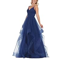 Layered Tulle Ball Gown V-Neck Prom Dresses 2021 Long Evening Spaghetti Straps A-Line Navy Blue