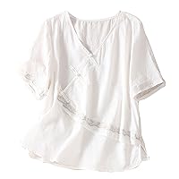 Women's 3/4 Sleeve V-Neck Embroidery Shirts Loose Casual Cotton Linen T-Shirt Vintage Tee Summer Blouse Tunic Tops