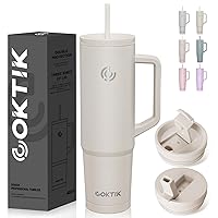 COKTIK 40 oz Tumbler with Handle and Straw, 3 Lids (Straw/Flip), Stainless Steel Vacuum Insulated Cup, 40 Ounce Travel Mug,Cupholder Friendly,Keeps Water Cold,Easy to Clean (Almond Birch)