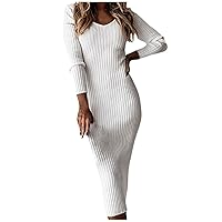 Women's Casual Dresses Fashion Long Sleeve Dress V Neck Plain Ribbed Dress Casual Solid Dress