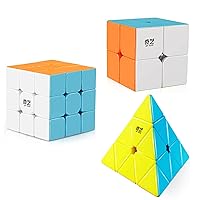 D-FantiX QY Toys Speed Cube Set, Qidi S 2x2 Warrior 3x3 Qiming Pyramid Magic Cube Stickerless Puzzle Bundle