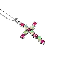 July Birthstone Natural Ruby & Ethiopian Welo Opal 5X4 MM Oval Cut Gemstone 925 Sterling Silver Holy Cross Pendant Necklace Ruby Jewelry Proposal Gift For Girlfriend (PD-8389)