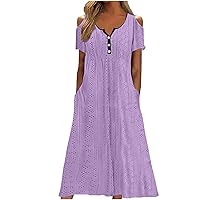 2024 Womens Summer Short Sleeve Long Dresses Casual Loose V Neck Maxi Dress Swing Comfy Beach Sundress with Pockets
