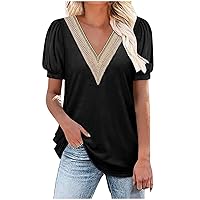 Summer Shirts for Women Crochet Eyelet Lace V Neck Blouses Tees Puff Short Sleeve Work Tops Casual Ladies Tshirts