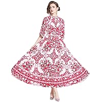 Summer Baroque Print Beading Stand O Neck Belt Half Sleeve Women Ladies Casual Party Vacation Midi Long Pleated Dresses