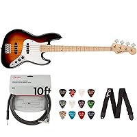 Squier by Fender Affinity Series Jazz Bass (Maple fingerboard, 3-Color Sunburst) Bundle with Fender 10ft Cable (Straight/Straight), Fender Guitar 12-Pack Picks, and Fender 2