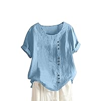 Women's Summer Tops, Casual Temperament Vintage Cotton and Hemp Solid Button Short Sleeve T-Shirt Top Plus Size T Shirts